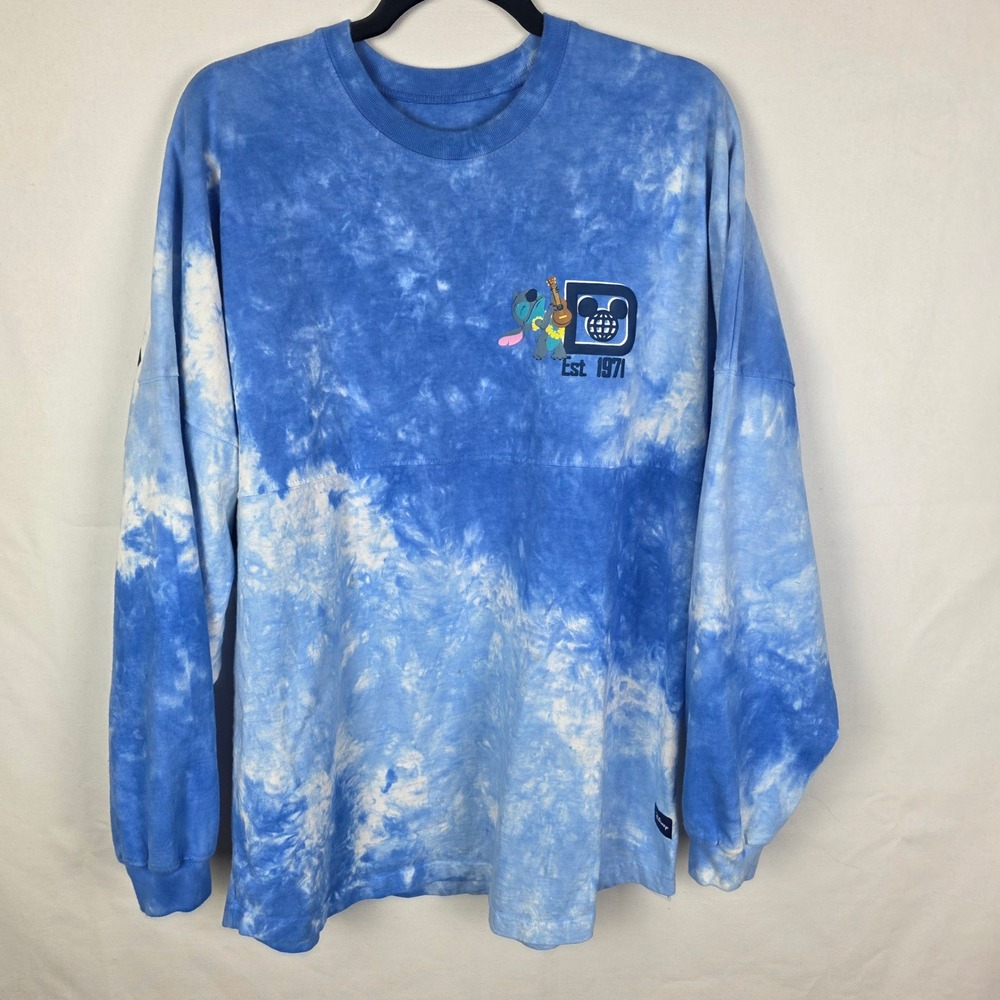 Disney World Spirit Jersey Stitch Blue Tie Dye‎ Long Sleeve Shirt Womens L Lilo